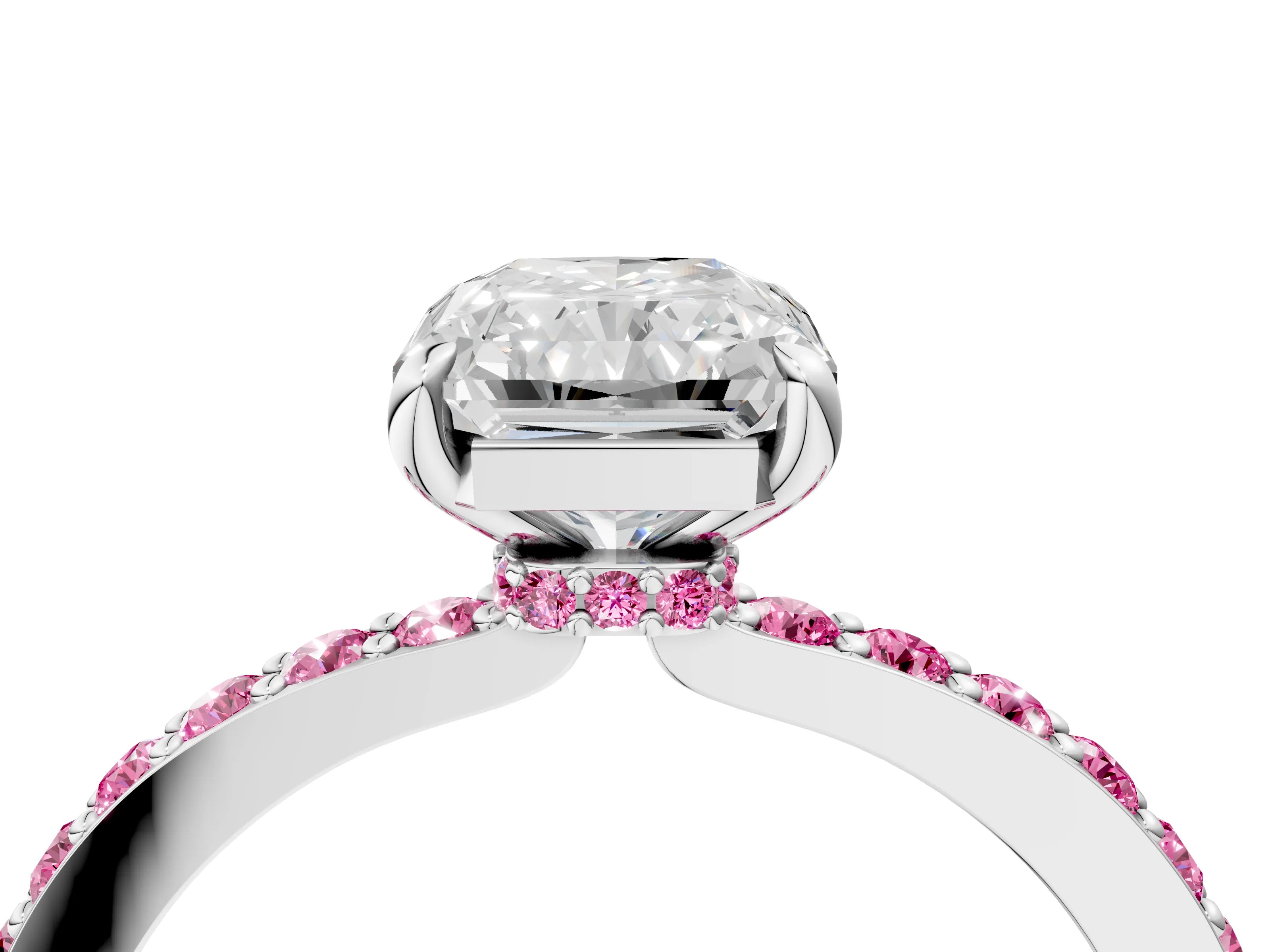 White gold Radiant Cut Diamond Pavé Engagement Ring with Round with Pink Sapphire side stone Accents and Prong Setting_28