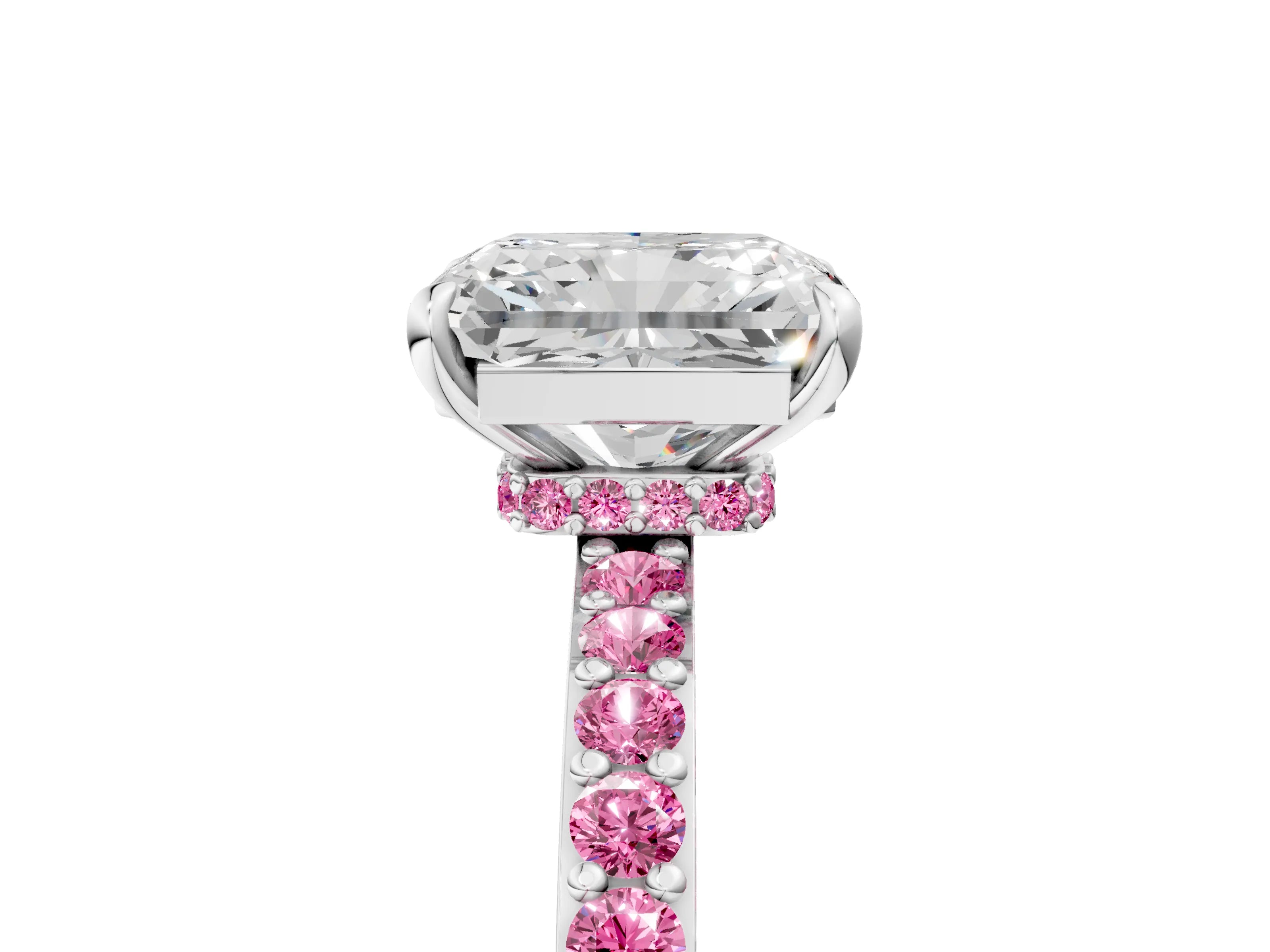 White gold Radiant Cut Diamond Pavé Engagement Ring with Round with Pink Sapphire side stone Accents and Prong Setting_29
