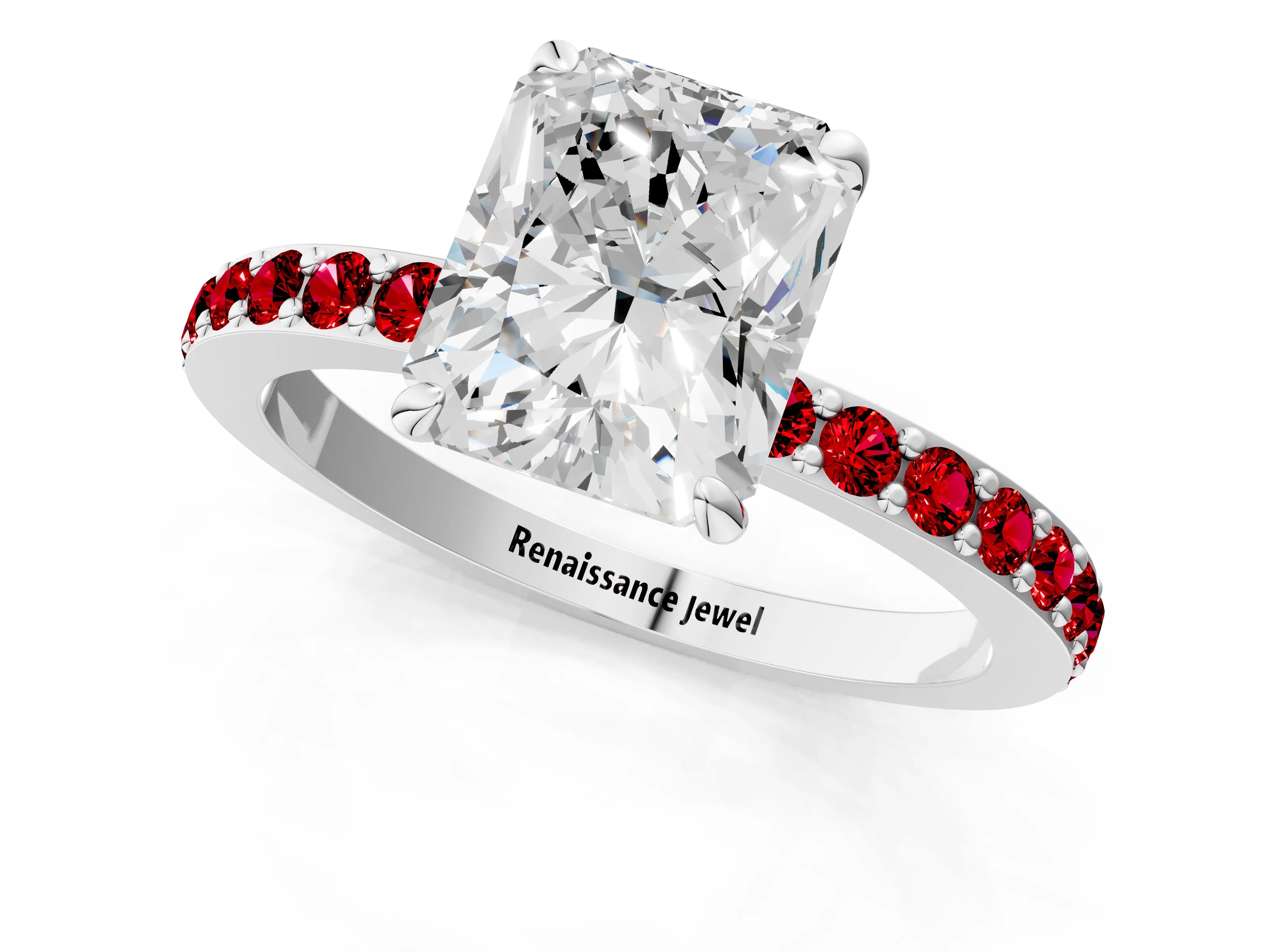 White gold Radiant Cut Diamond Pavé Engagement Ring with Round with Ruby side stone Accents and Prong Setting_13