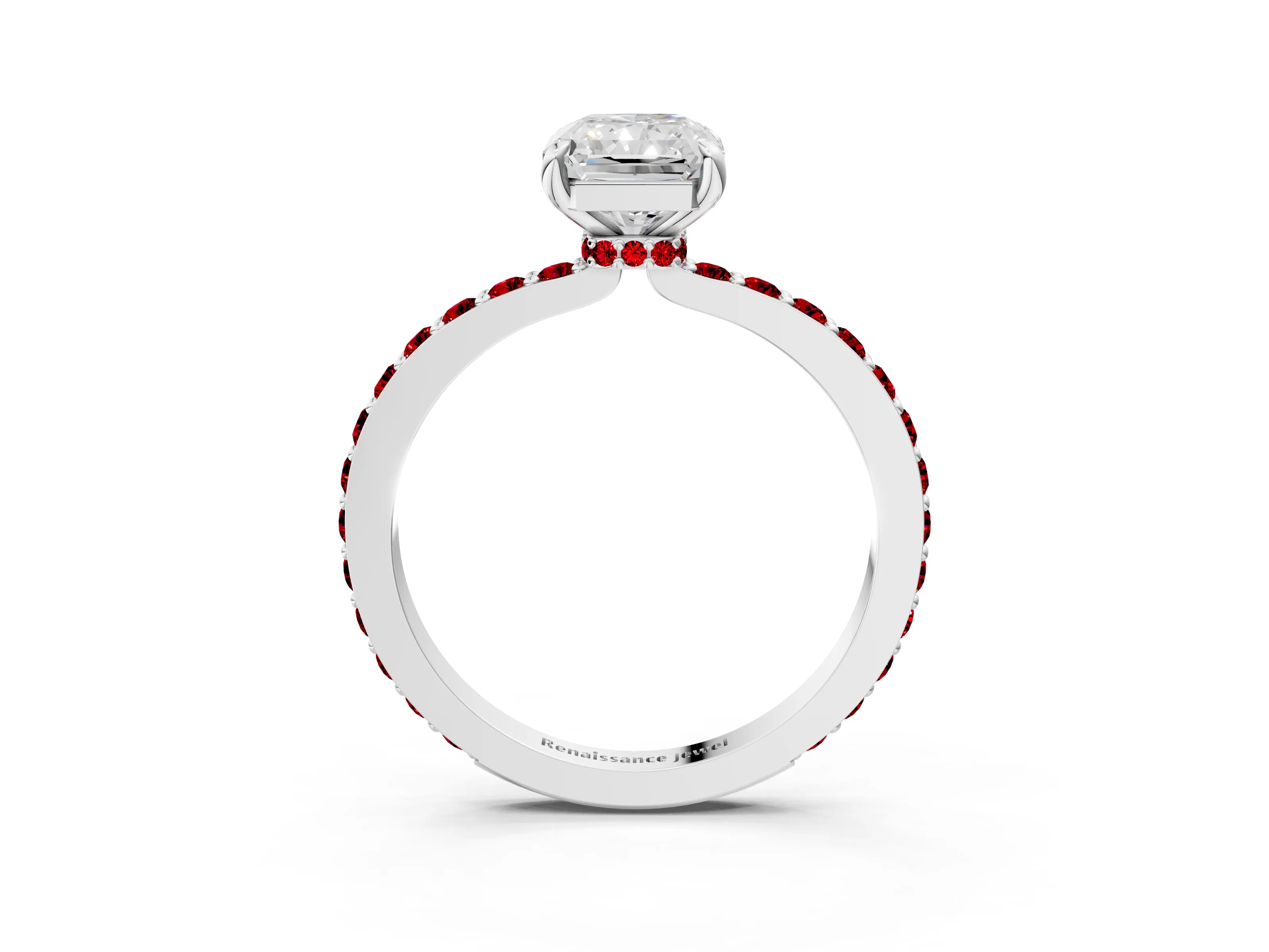 White gold Radiant Cut Diamond Pavé Engagement Ring with Round with Ruby side stone Accents and Prong Setting_15