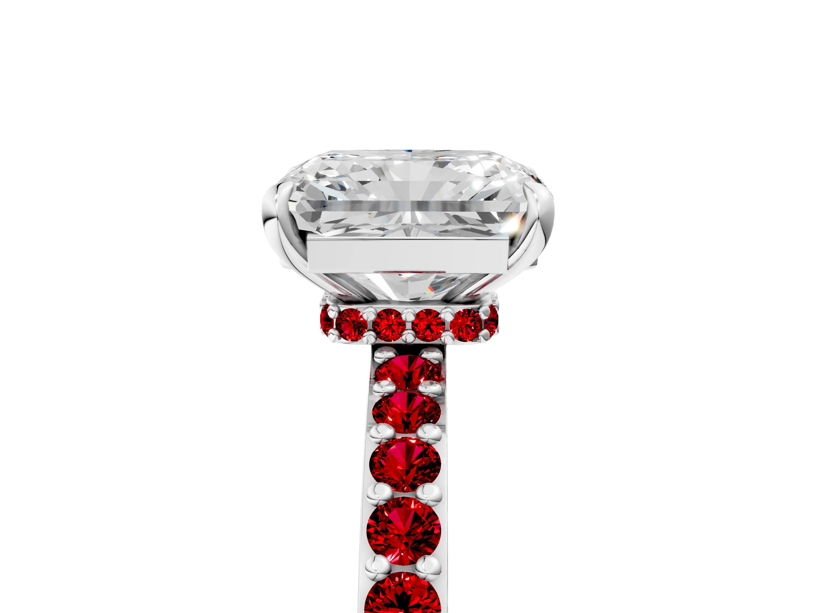 White gold Radiant Cut Diamond Pavé Engagement Ring with Round with Ruby side stone Accents and Prong Setting_17