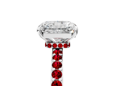 White gold Radiant Cut Diamond Pavé Engagement Ring with Round with Ruby side stone Accents and Prong Setting_17
