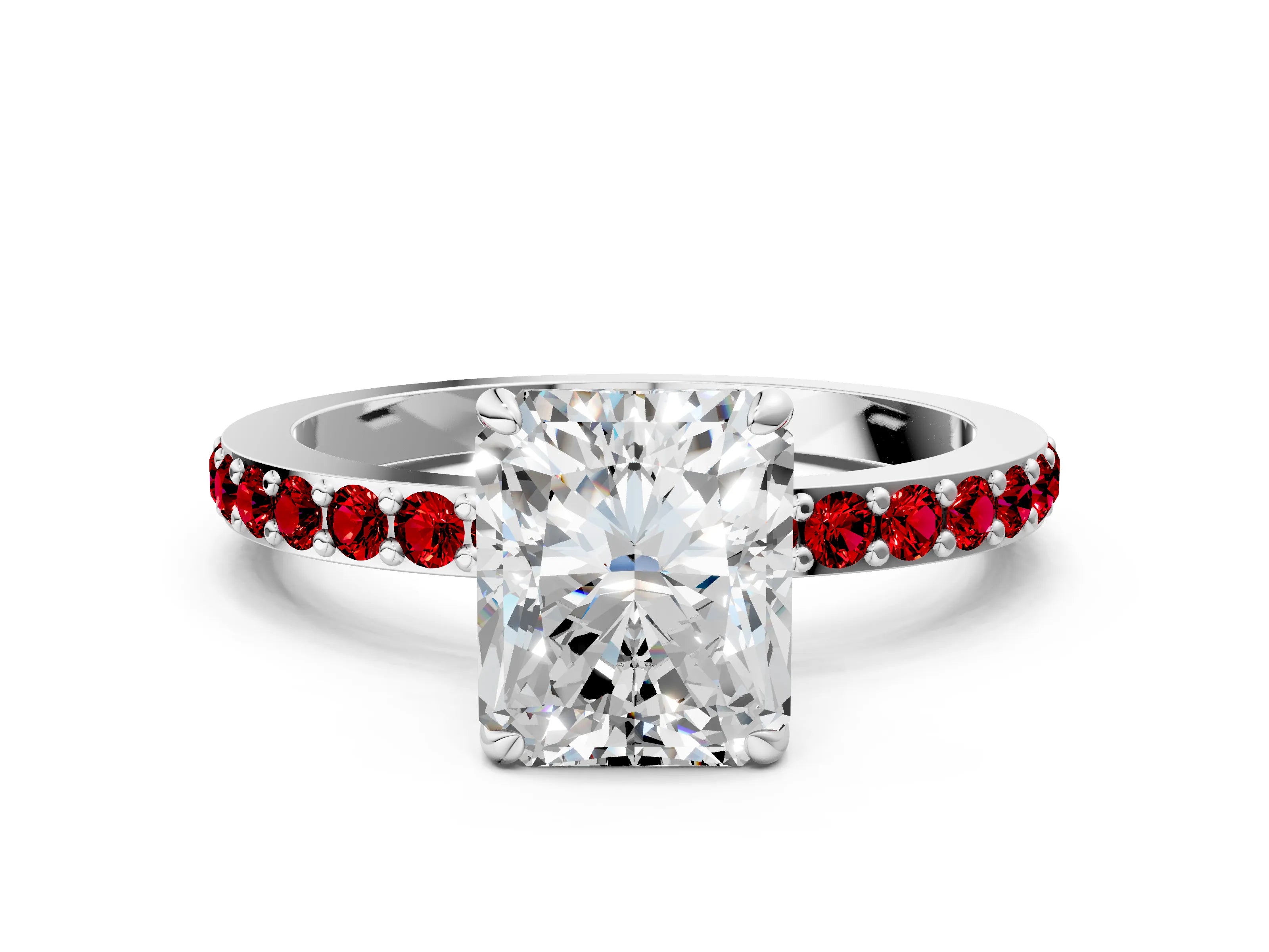 White gold Radiant Cut Diamond Pavé Engagement Ring with Round with Ruby side stone Accents and Prong Setting_24