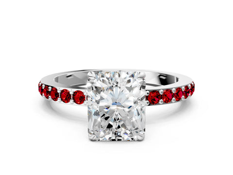 White gold Radiant Cut Diamond Pavé Engagement Ring with Round with Ruby side stone Accents and Prong Setting_24