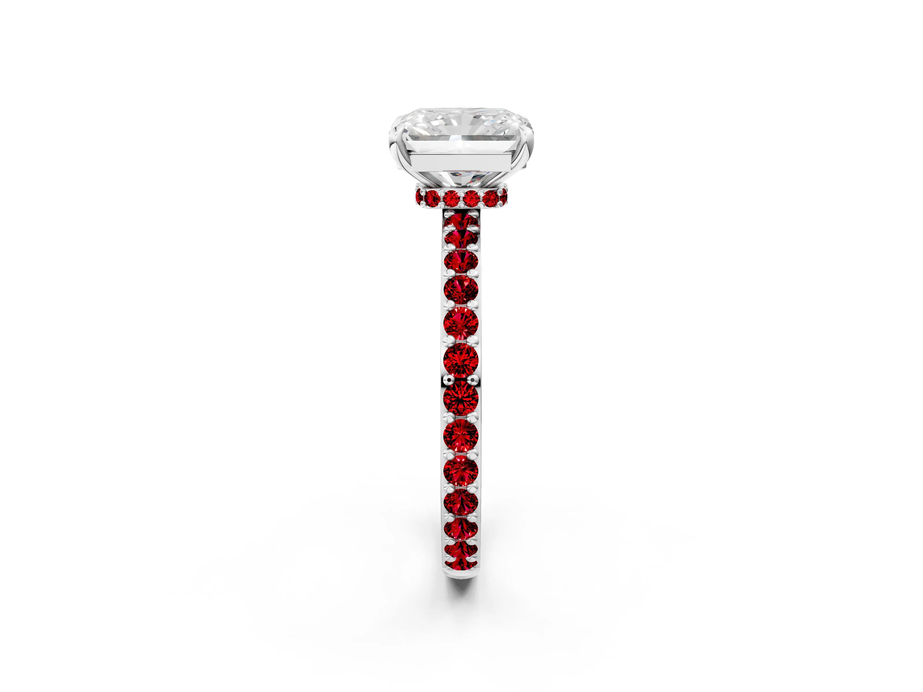 White gold Radiant Cut Diamond Pavé Engagement Ring with Round with Ruby side stone Accents and Prong Setting_26