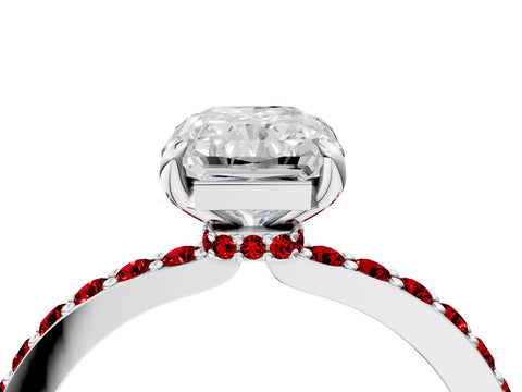 White gold Radiant Cut Diamond Pavé Engagement Ring with Round with Ruby side stone Accents and Prong Setting_28