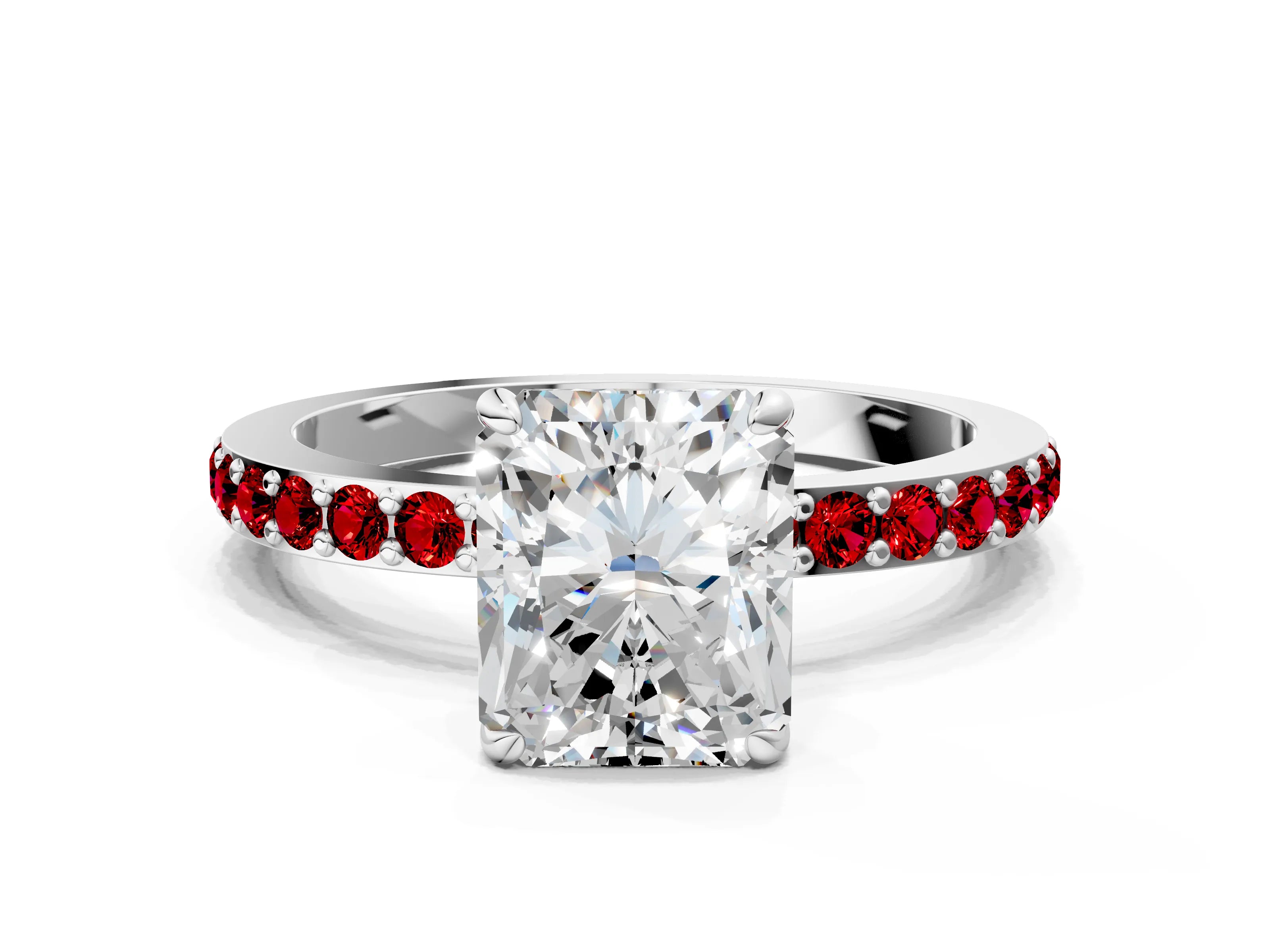 White gold Radiant Cut Diamond Pavé Engagement Ring with Round with Ruby side stone Accents and Prong Setting_36