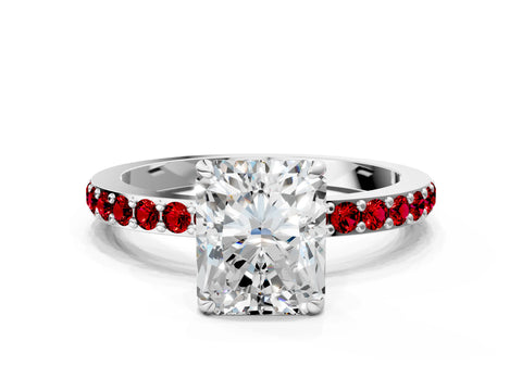 White gold Radiant Cut Diamond Pavé Engagement Ring with Round with Ruby side stone Accents and Prong Setting_36