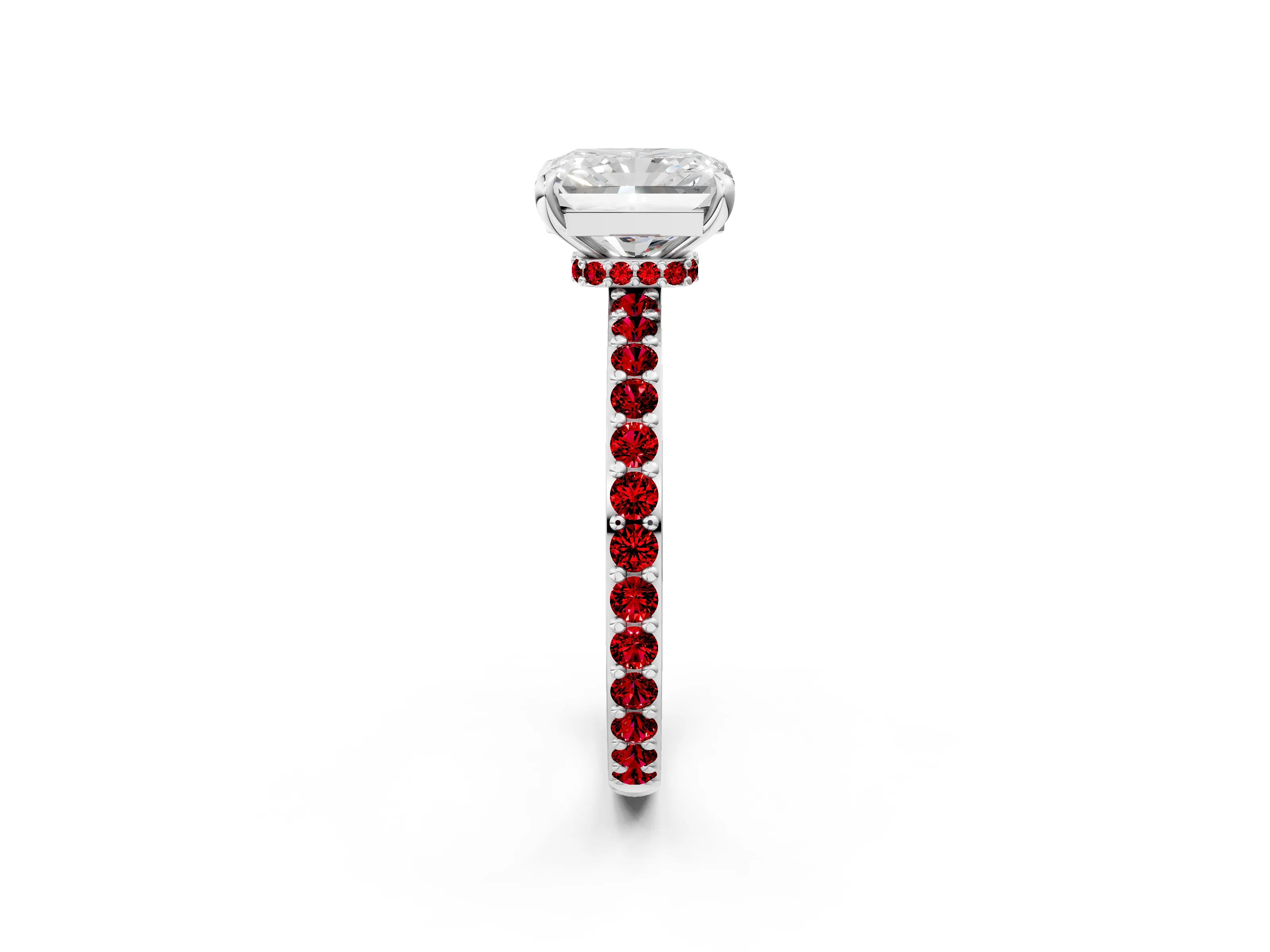 White gold Radiant Cut Diamond Pavé Engagement Ring with Round with Ruby side stone Accents and Prong Setting_38
