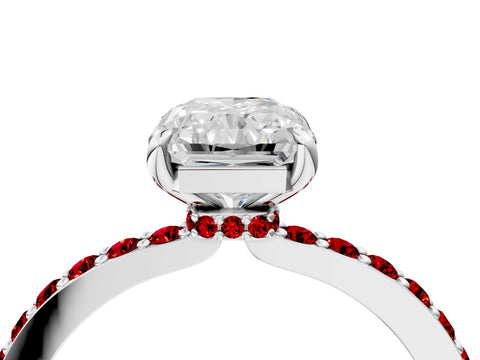 White gold Radiant Cut Diamond Pavé Engagement Ring with Round with Ruby side stone Accents and Prong Setting_40