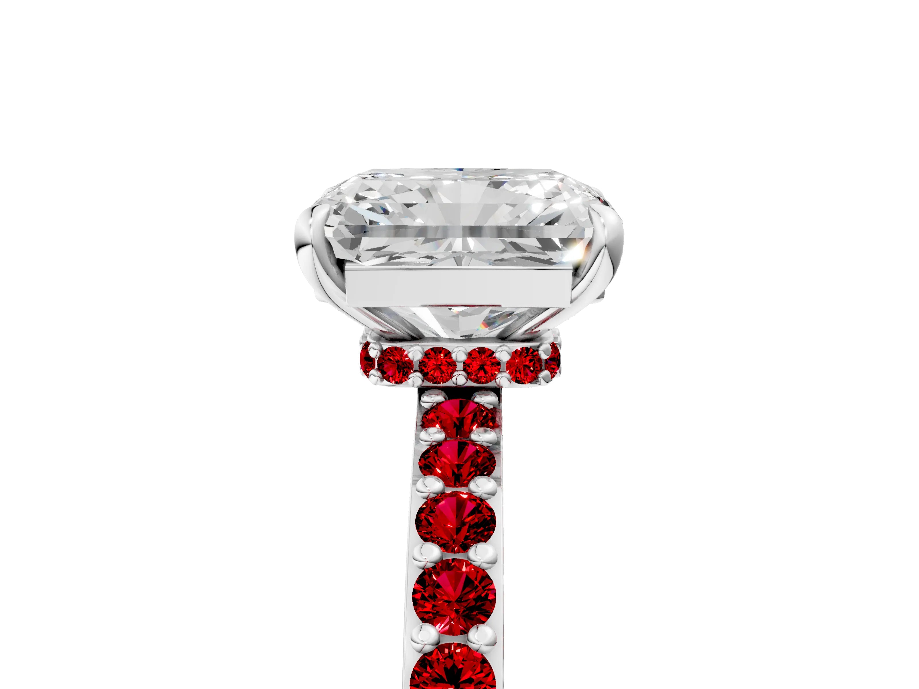 White gold Radiant Cut Diamond Pavé Engagement Ring with Round with Ruby side stone Accents and Prong Setting_53