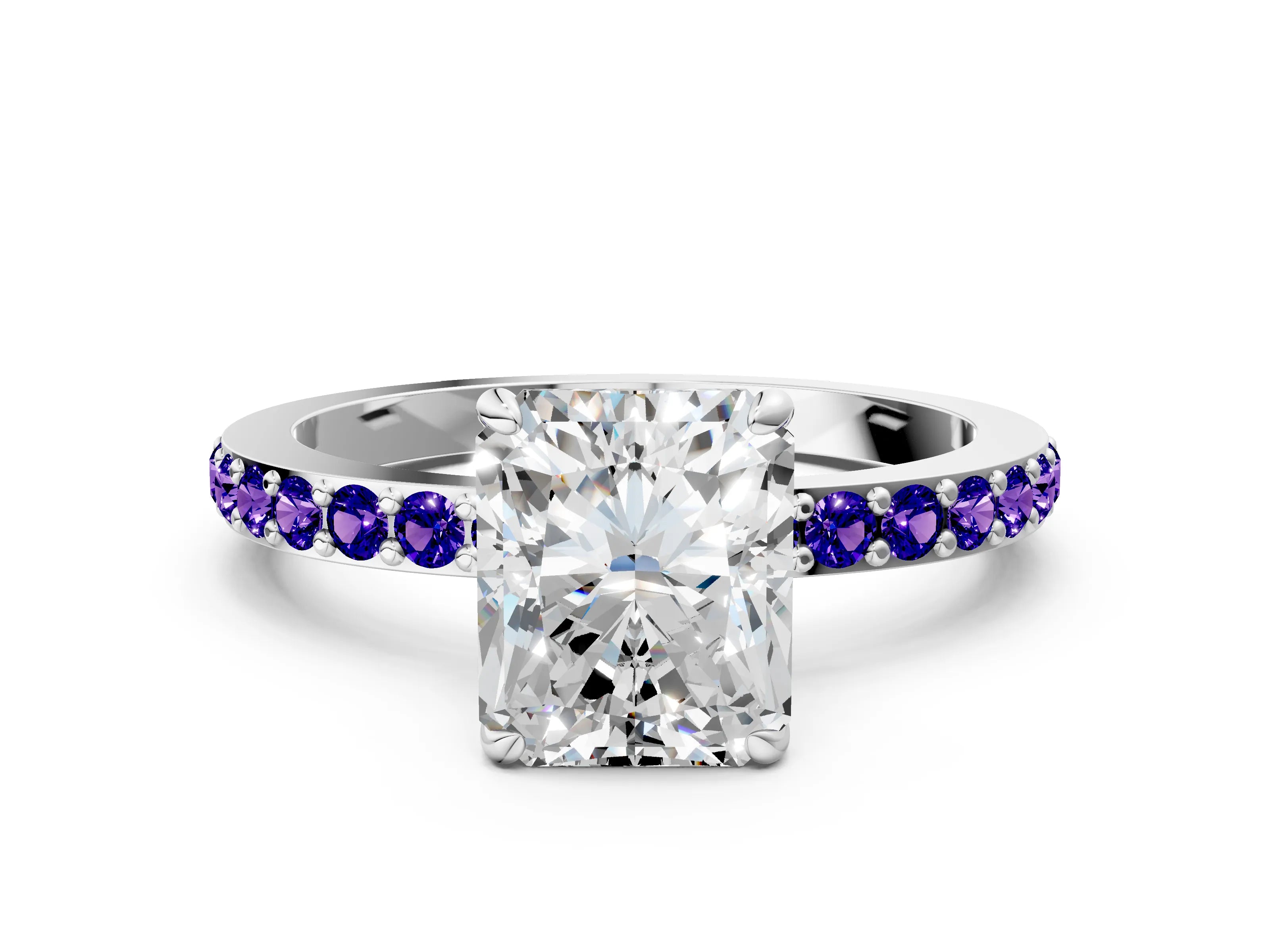 White gold Radiant Cut Diamond Pavé Engagement Ring with Round with Tanzanite side stone Accents and Prong Setting_12