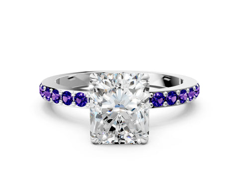White gold Radiant Cut Diamond Pavé Engagement Ring with Round with Tanzanite side stone Accents and Prong Setting_12