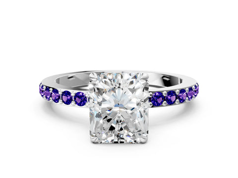 White gold Radiant Cut Diamond Pavé Engagement Ring with Round with Tanzanite side stone Accents and Prong Setting_12