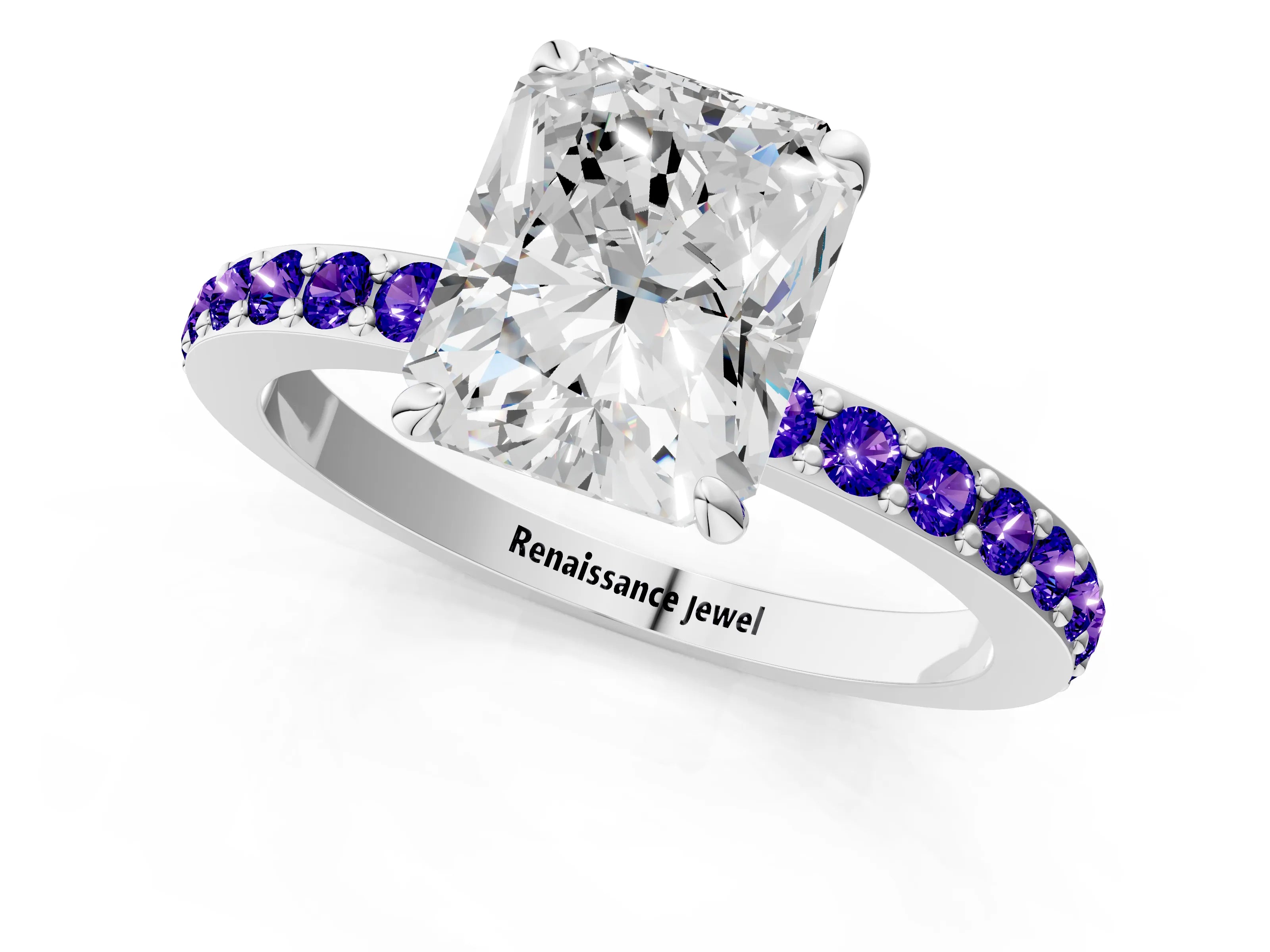 White gold Radiant Cut Diamond Pavé Engagement Ring with Round with Tanzanite side stone Accents and Prong Setting_13