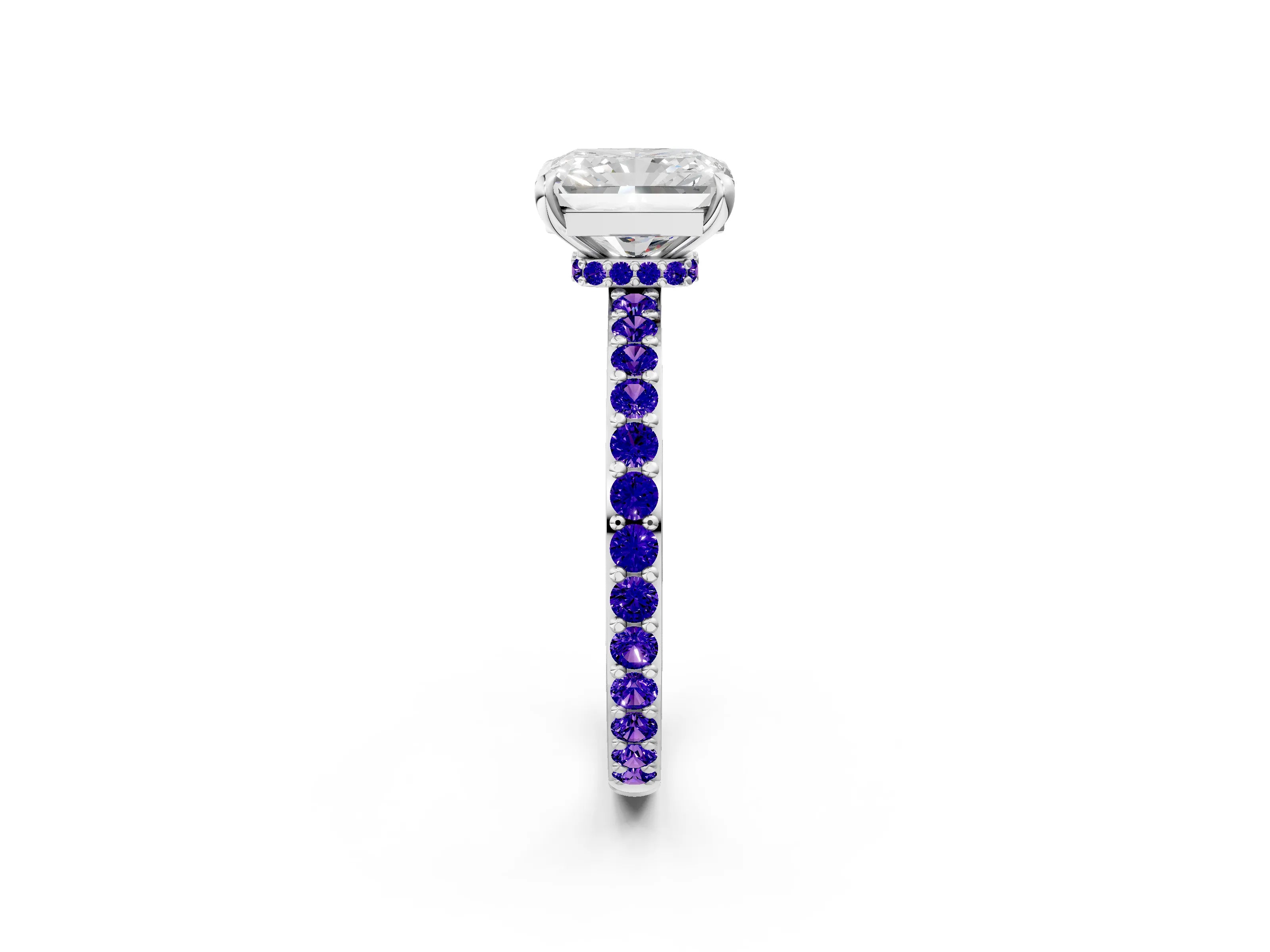 White gold Radiant Cut Diamond Pavé Engagement Ring with Round with Tanzanite side stone Accents and Prong Setting_14