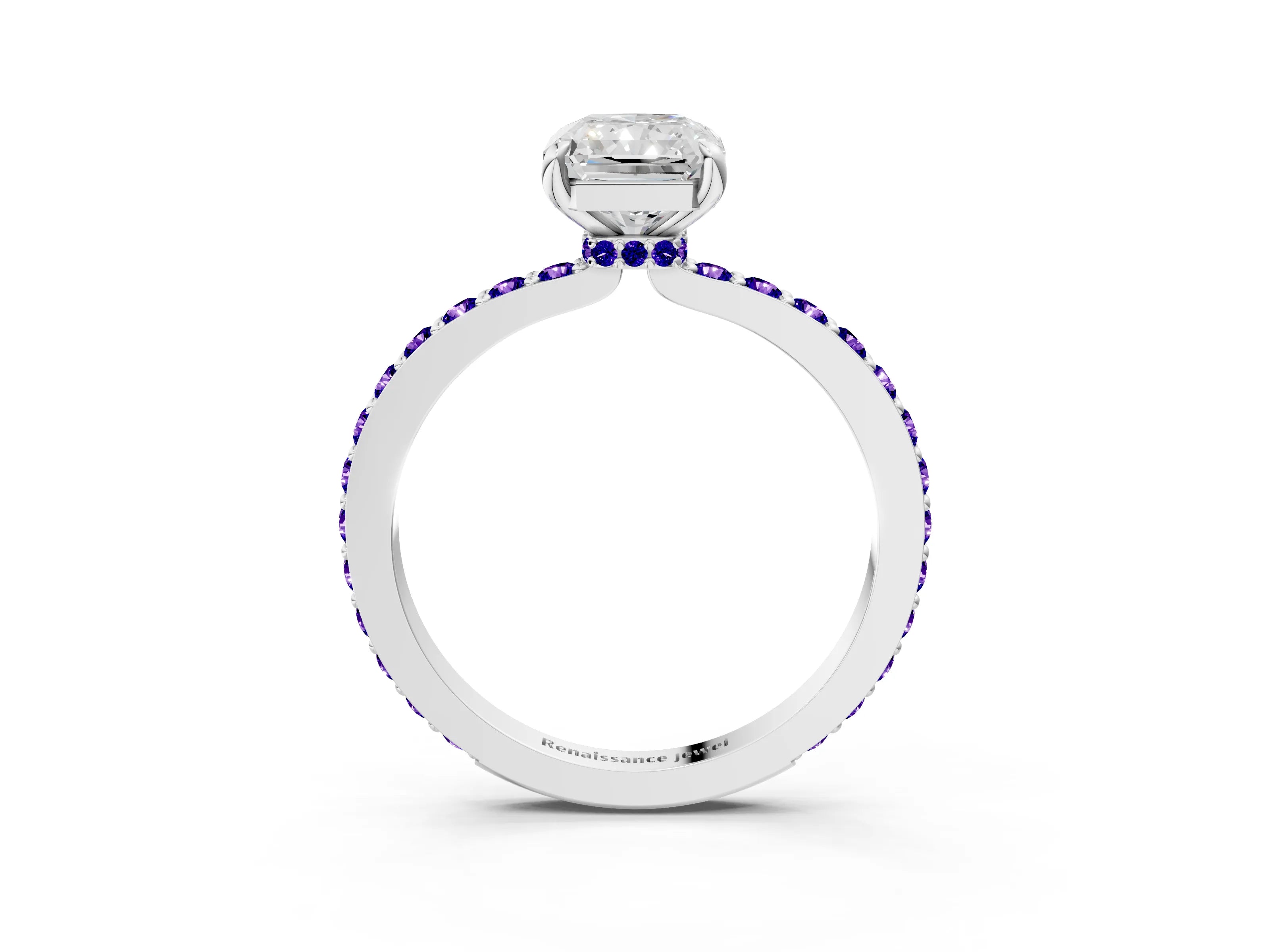 White gold Radiant Cut Diamond Pavé Engagement Ring with Round with Tanzanite side stone Accents and Prong Setting_15