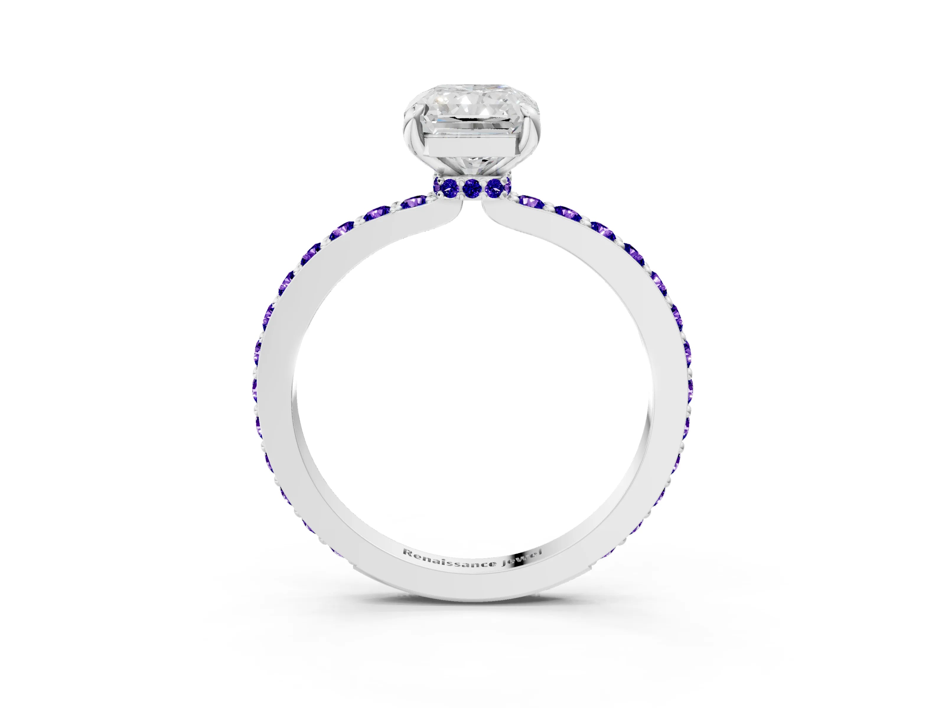 White gold Radiant Cut Diamond Pavé Engagement Ring with Round with Tanzanite side stone Accents and Prong Setting_15
