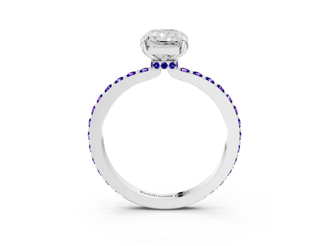White gold Radiant Cut Diamond Pavé Engagement Ring with Round with Tanzanite side stone Accents and Prong Setting_15