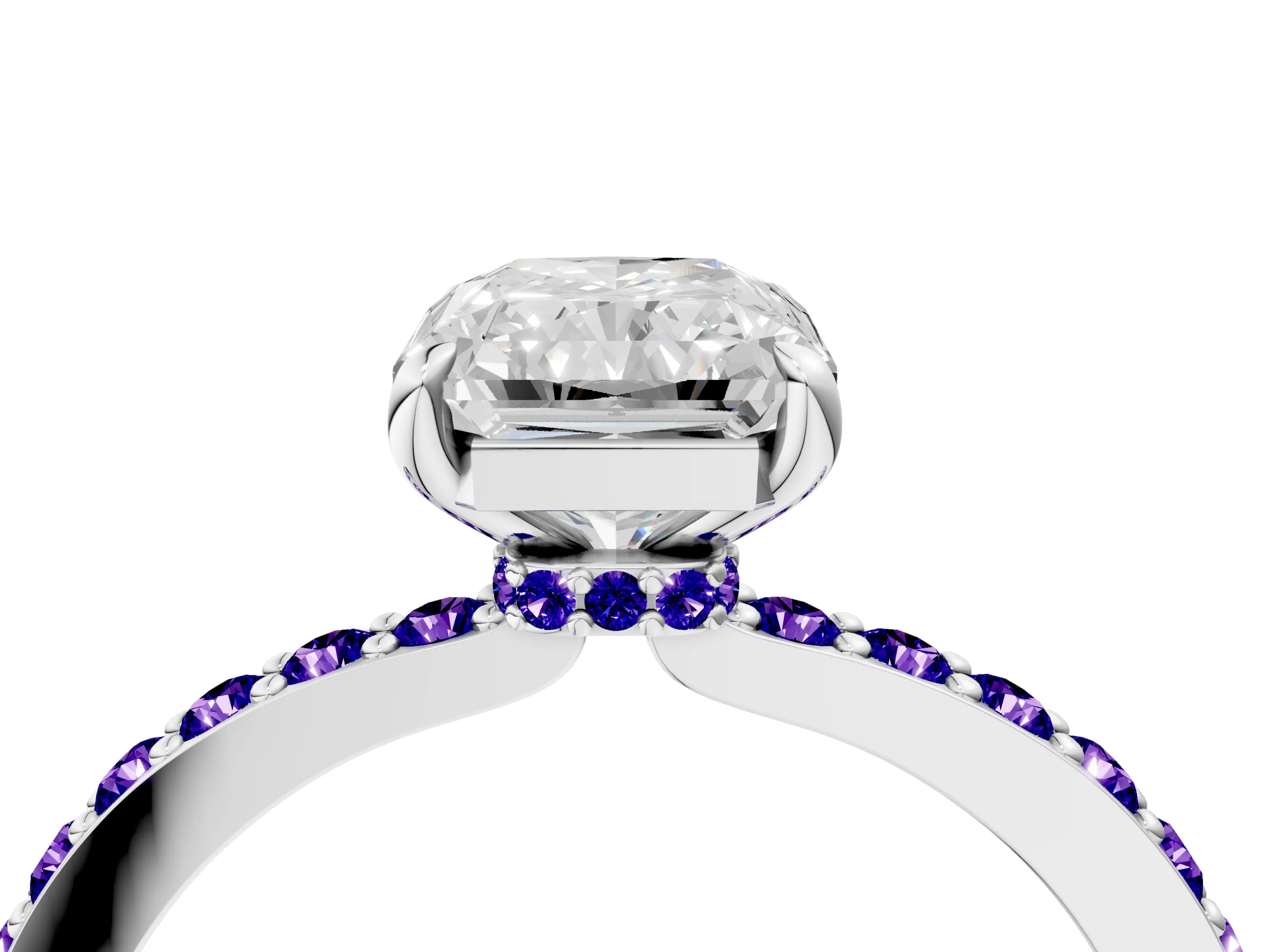 White gold Radiant Cut Diamond Pavé Engagement Ring with Round with Tanzanite side stone Accents and Prong Setting_16
