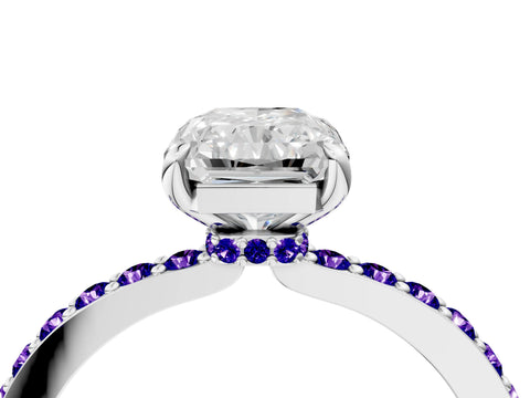 White gold Radiant Cut Diamond Pavé Engagement Ring with Round with Tanzanite side stone Accents and Prong Setting_16