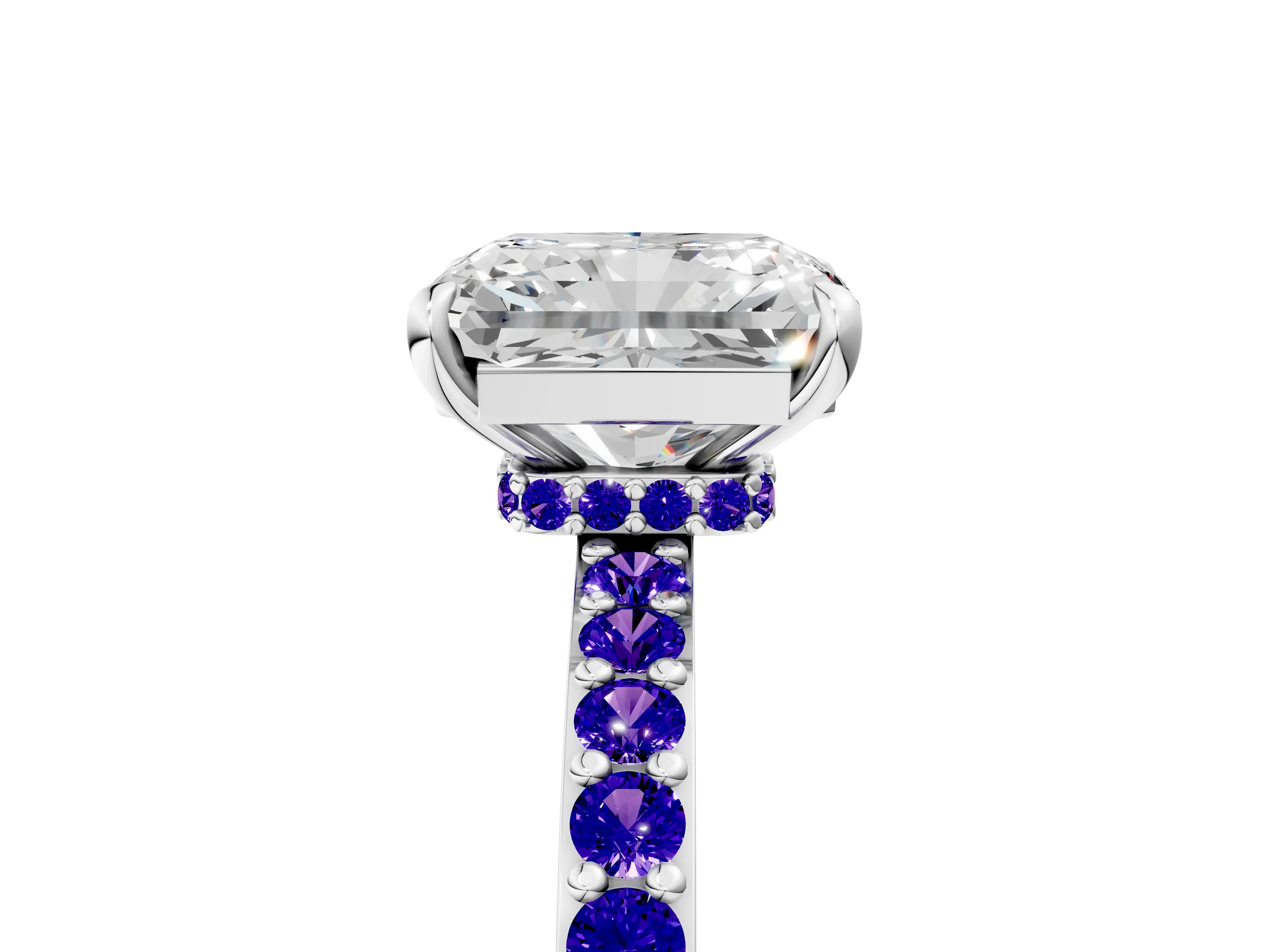 White gold Radiant Cut Diamond Pavé Engagement Ring with Round with Tanzanite side stone Accents and Prong Setting_17