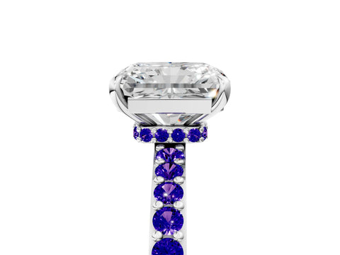 White gold Radiant Cut Diamond Pavé Engagement Ring with Round with Tanzanite side stone Accents and Prong Setting_17