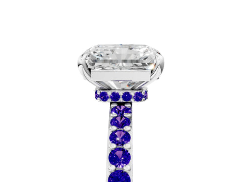 White gold Radiant Cut Diamond Pavé Engagement Ring with Round with Tanzanite side stone Accents and Prong Setting_17