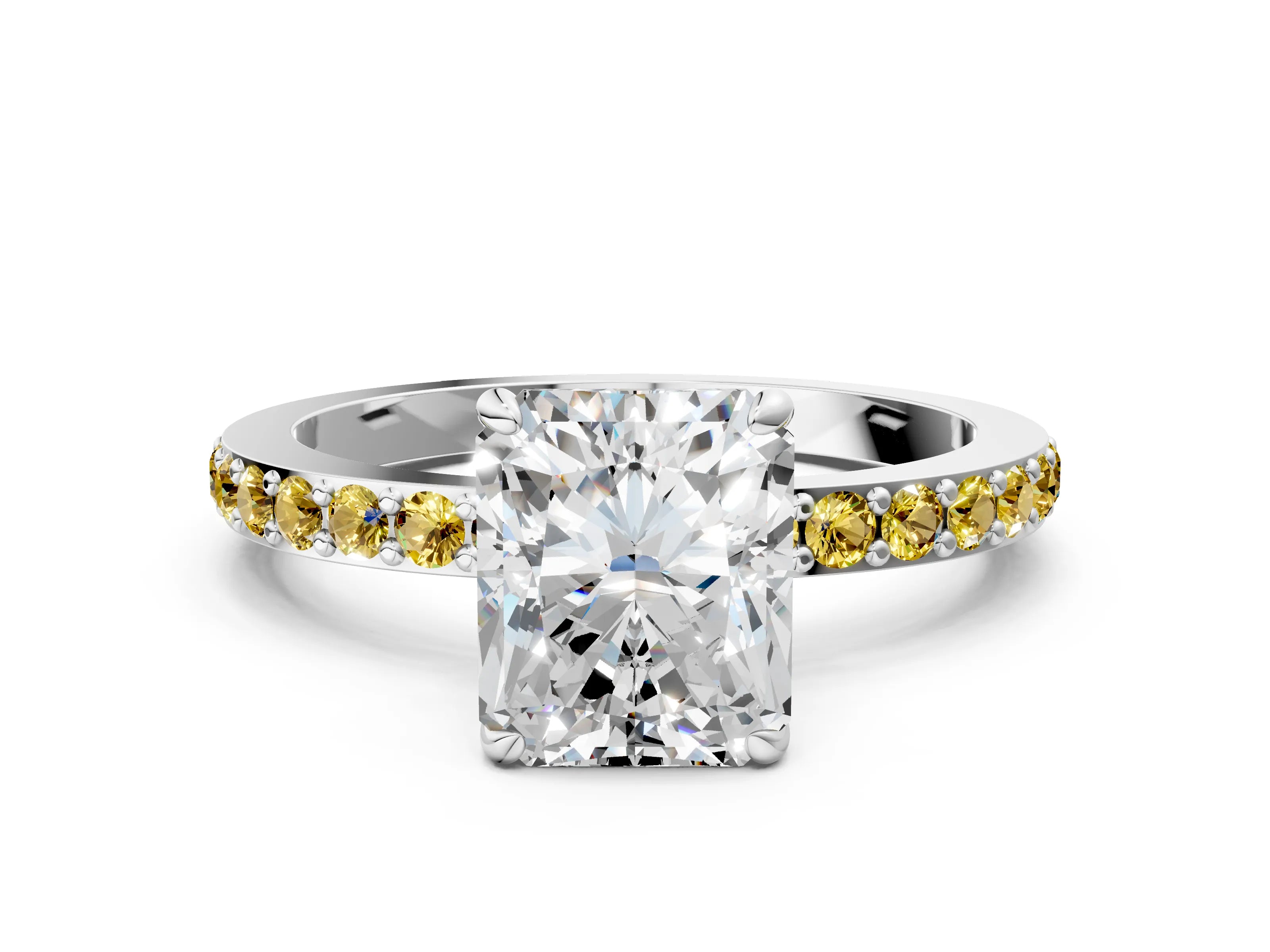 White gold Radiant Cut Diamond Pavé Engagement Ring with Round with Yellow Sapphire side stone Accents and Prong Setting_12