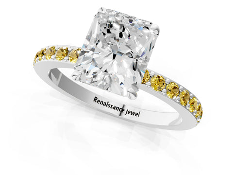 White gold Radiant Cut Diamond Pavé Engagement Ring with Round with Yellow Sapphire side stone Accents and Prong Setting_13