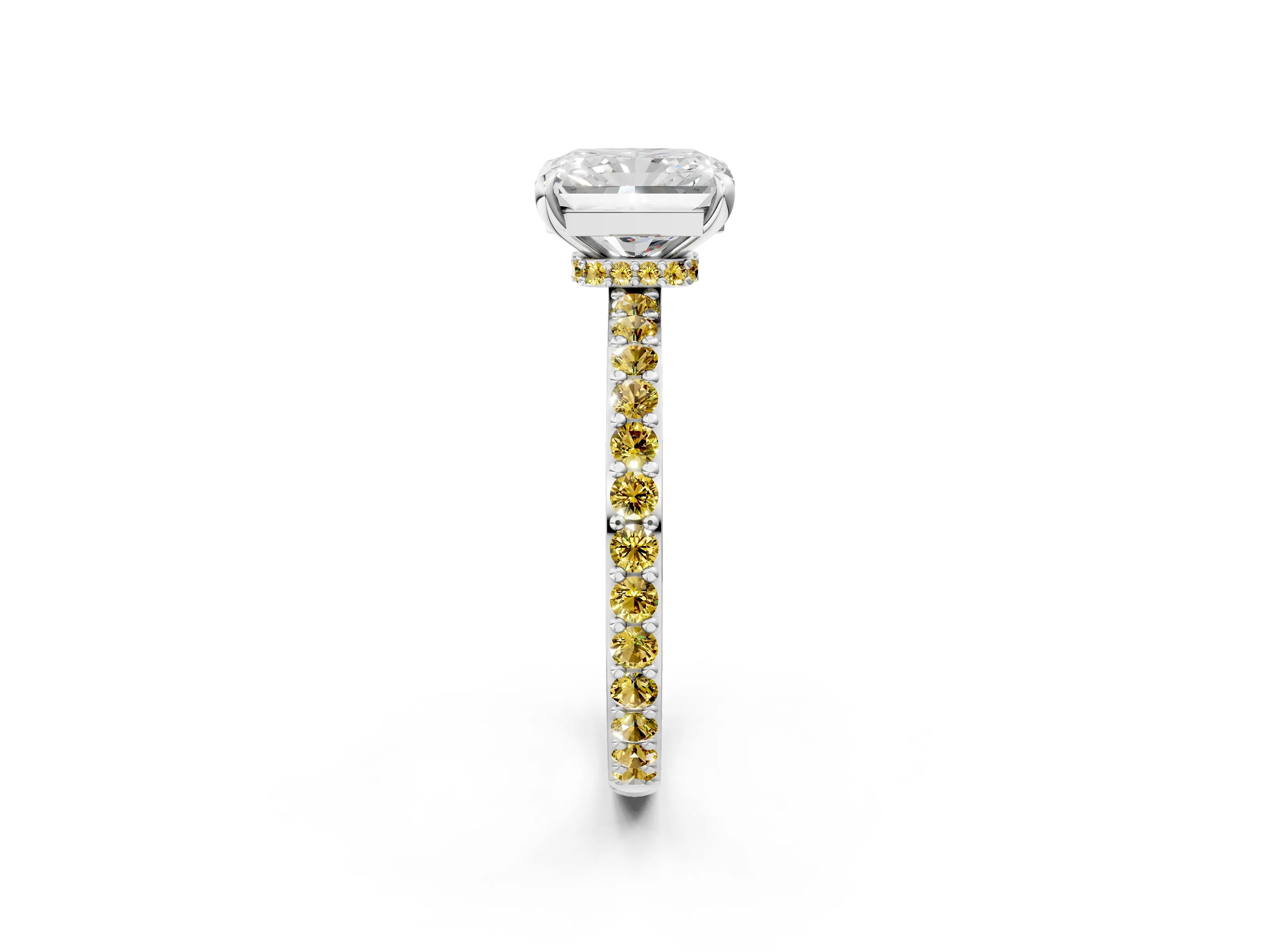 White gold Radiant Cut Diamond Pavé Engagement Ring with Round with Yellow Sapphire side stone Accents and Prong Setting_26