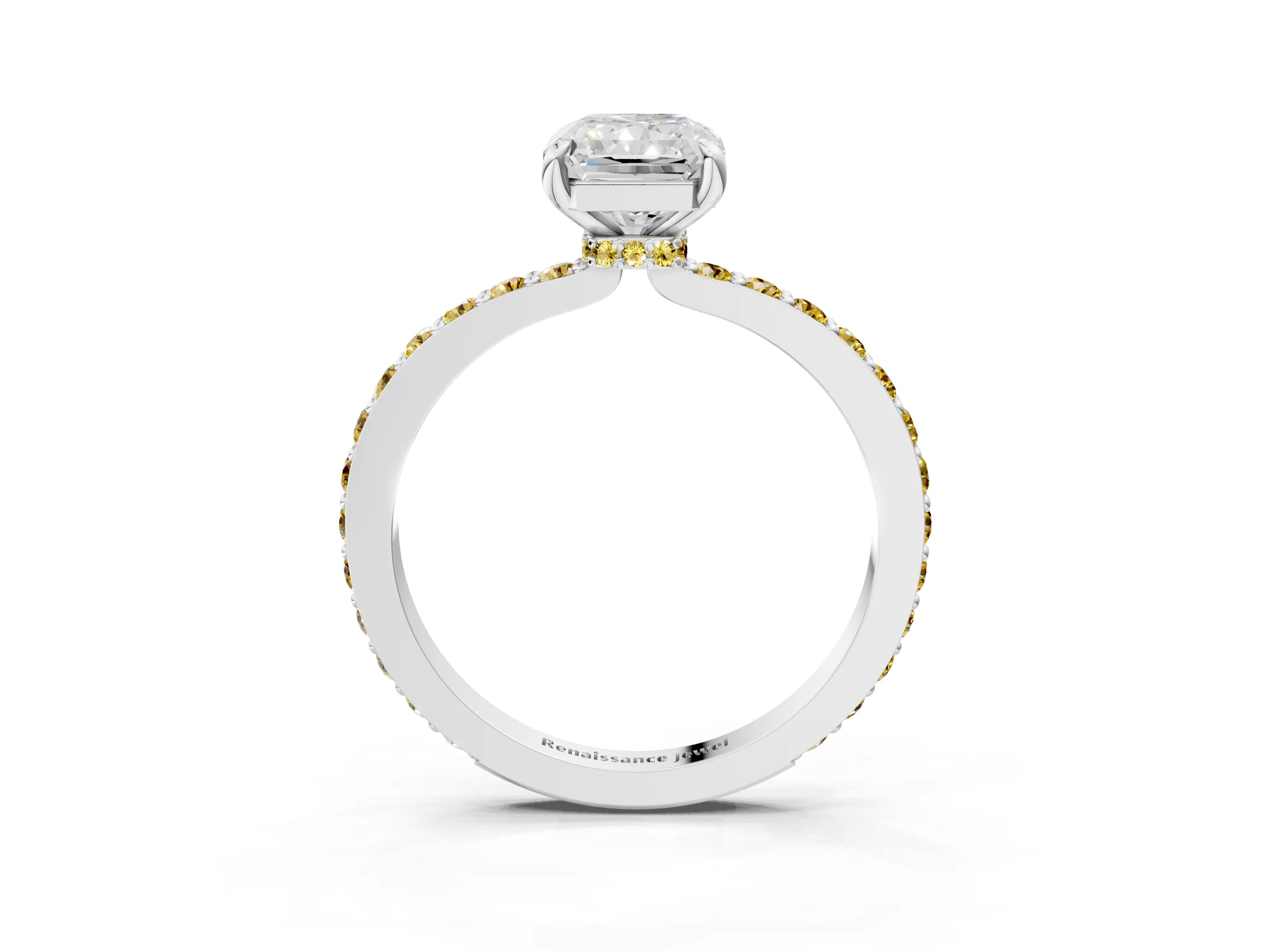 White gold Radiant Cut Diamond Pavé Engagement Ring with Round with Yellow Sapphire side stone Accents and Prong Setting_27