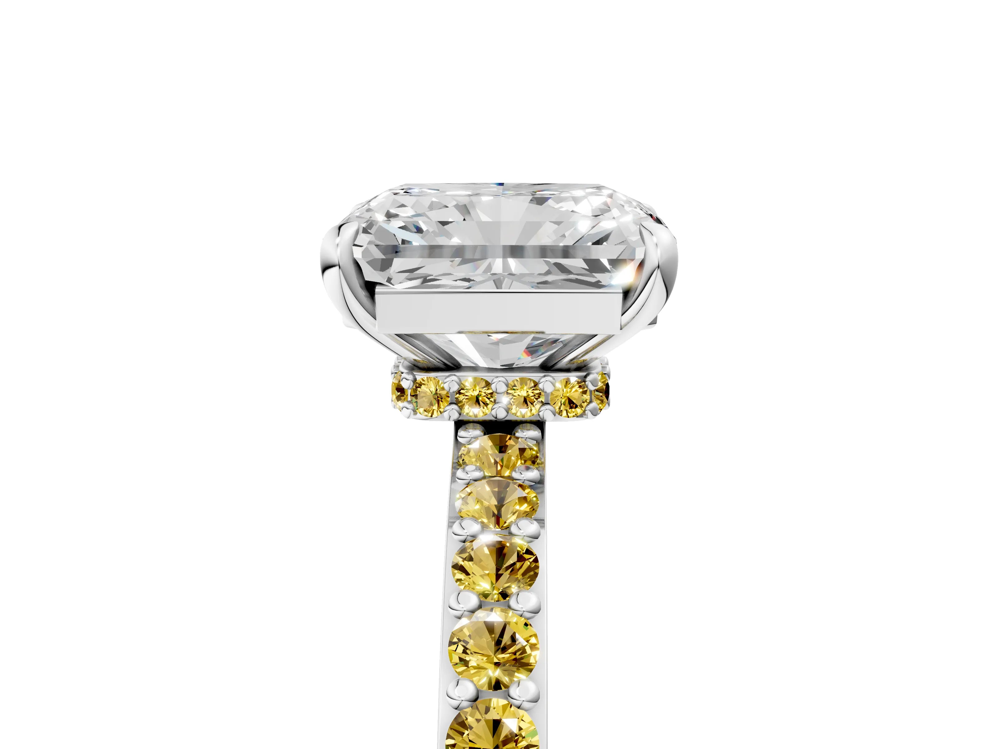 White gold Radiant Cut Diamond Pavé Engagement Ring with Round with Yellow Sapphire side stone Accents and Prong Setting_29