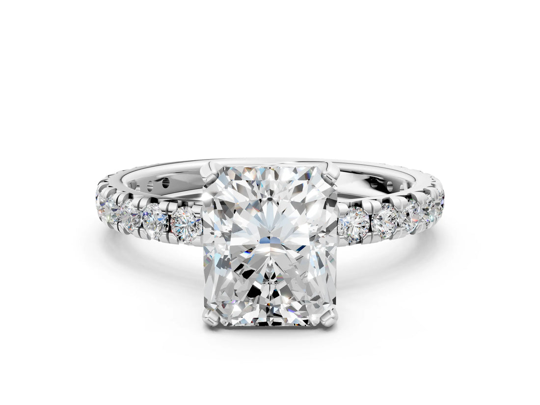 White gold Radiant Cut Diamond Pavé Solitaire Ring with Round Band and Prong Setting_12