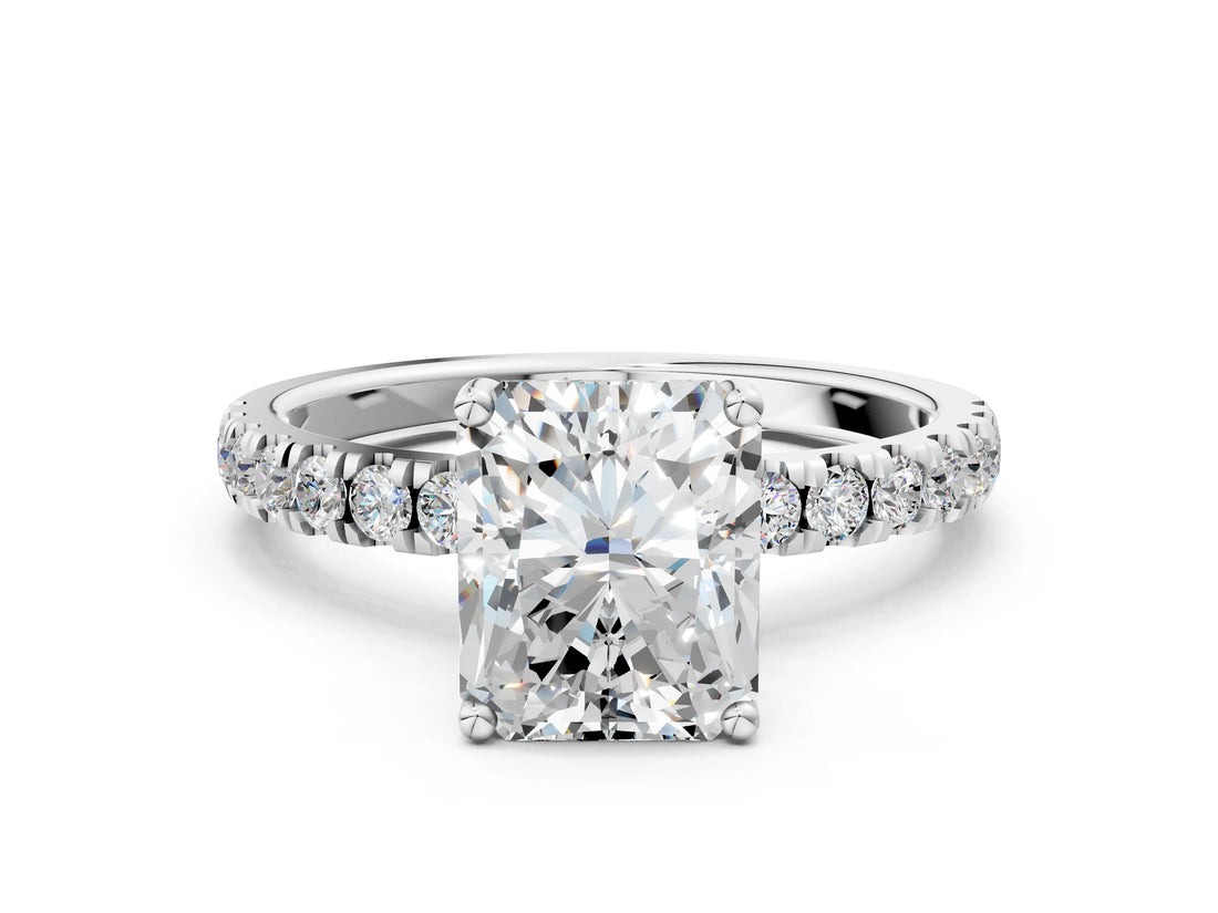 14K White Gold 3.03 Carat F VVS2 Radiant Diamond Pave Band Solitaire Ring with Round and Prong Setting