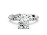 14K White Gold 3.03 Carat F VVS2 Radiant Diamond Pave Band Solitaire Ring with Round and Prong Setting