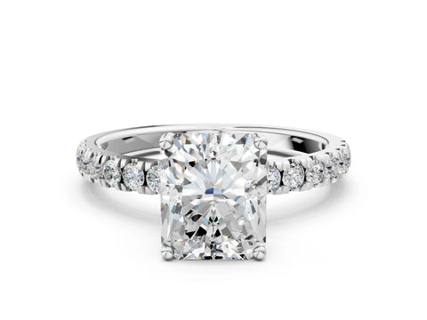 Platinum 1.55 Carat F VS1 Radiant Diamond Pave Band Solitaire Ring with Round  and Prong Setting