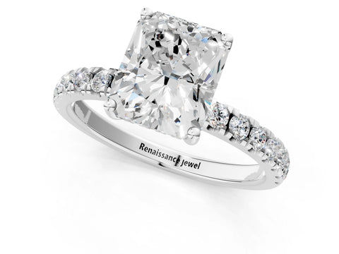 Platinum 1.55 Carat F VS1 Radiant Diamond Pave Band Solitaire Ring with Round  and Prong Setting
