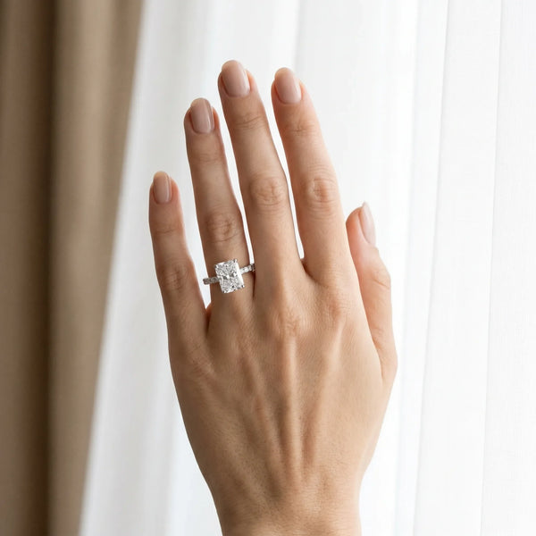 Silver 2.09 Carat F VVS2 Radiant Diamond Pave Band Solitaire Ring with Round and Prong Setting