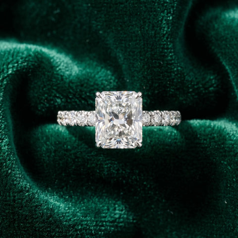 Platinum 1.55 Carat F VS1 Radiant Diamond Pave Band Solitaire Ring with Round  and Prong Setting