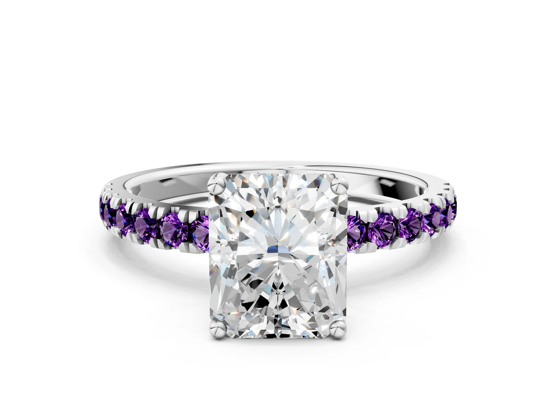 White gold Radiant Cut Diamond Pave Band Solitaire Ring with Round with Amethyst side stone and Prong Setting