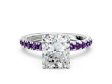 White gold Radiant Cut Diamond Pave Band Solitaire Ring with Round with Amethyst side stone and Prong Setting