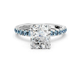 White gold Radiant Cut Diamond Pave Band Solitaire Ring with Round with Aquamarine side stone and Prong Setting_12