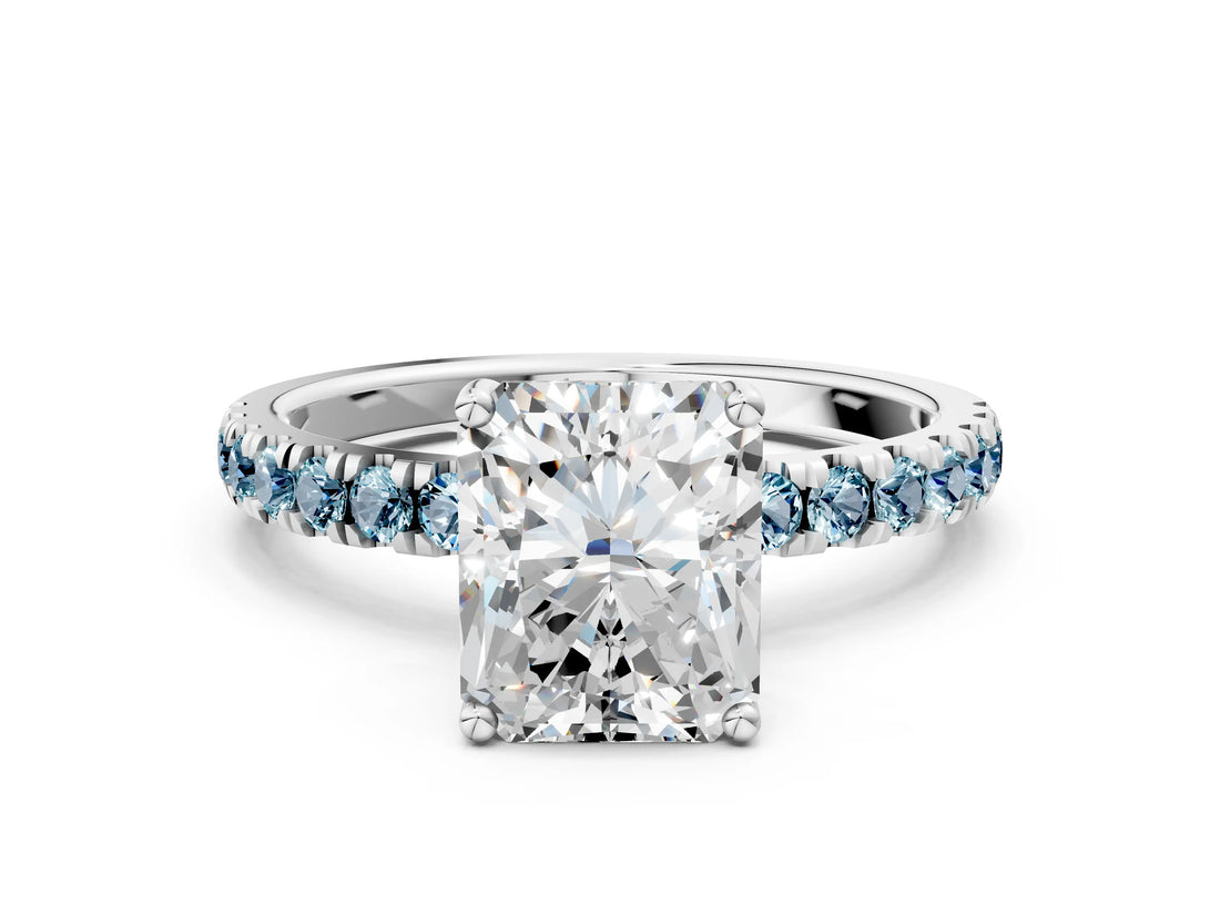 White gold Radiant Cut Diamond Pave Band Solitaire Ring with Round with Aquamarine side stone and Prong Setting_24