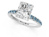 White gold Radiant Cut Diamond Pave Band Solitaire Ring with Round with Aquamarine side stone and Prong Setting_25