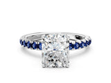 White gold Radiant Cut Diamond Pave Band Solitaire Ring with Round with Blue Sapphire side stone and Prong Setting_12