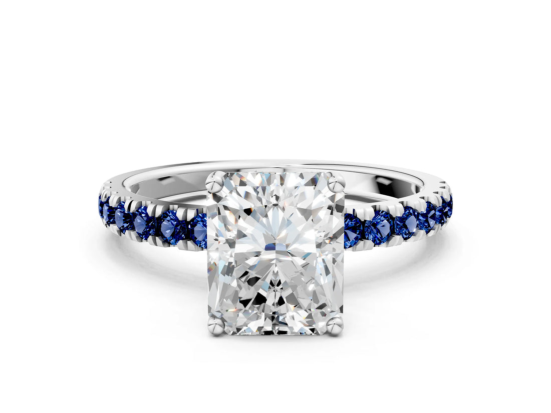 White gold Radiant Cut Diamond Pave Band Solitaire Ring with Round with Blue Sapphire side stone and Prong Setting_24