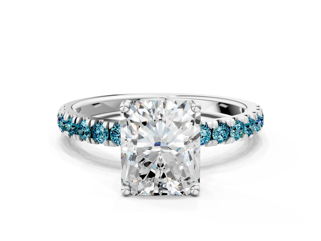 White gold Radiant Cut Diamond Pave Band Solitaire Ring with Round with Blue Topaz side stone and Prong Setting_24
