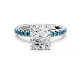 White gold Radiant Cut Diamond Pave Band Solitaire Ring with Round with Blue Topaz side stone and Prong Setting_36