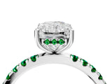 White gold Radiant Cut Diamond Pave Band Solitaire Ring with Round with Emerald side stone and Prong Setting_16